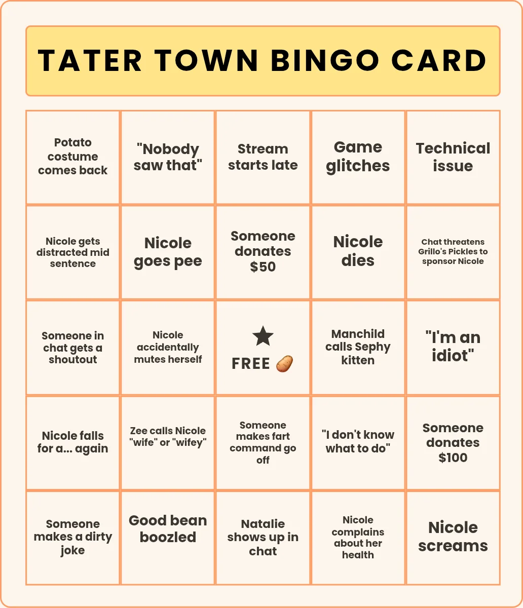 Tater Town Bingo Card: Bingo Card with 5x5 bingo card
